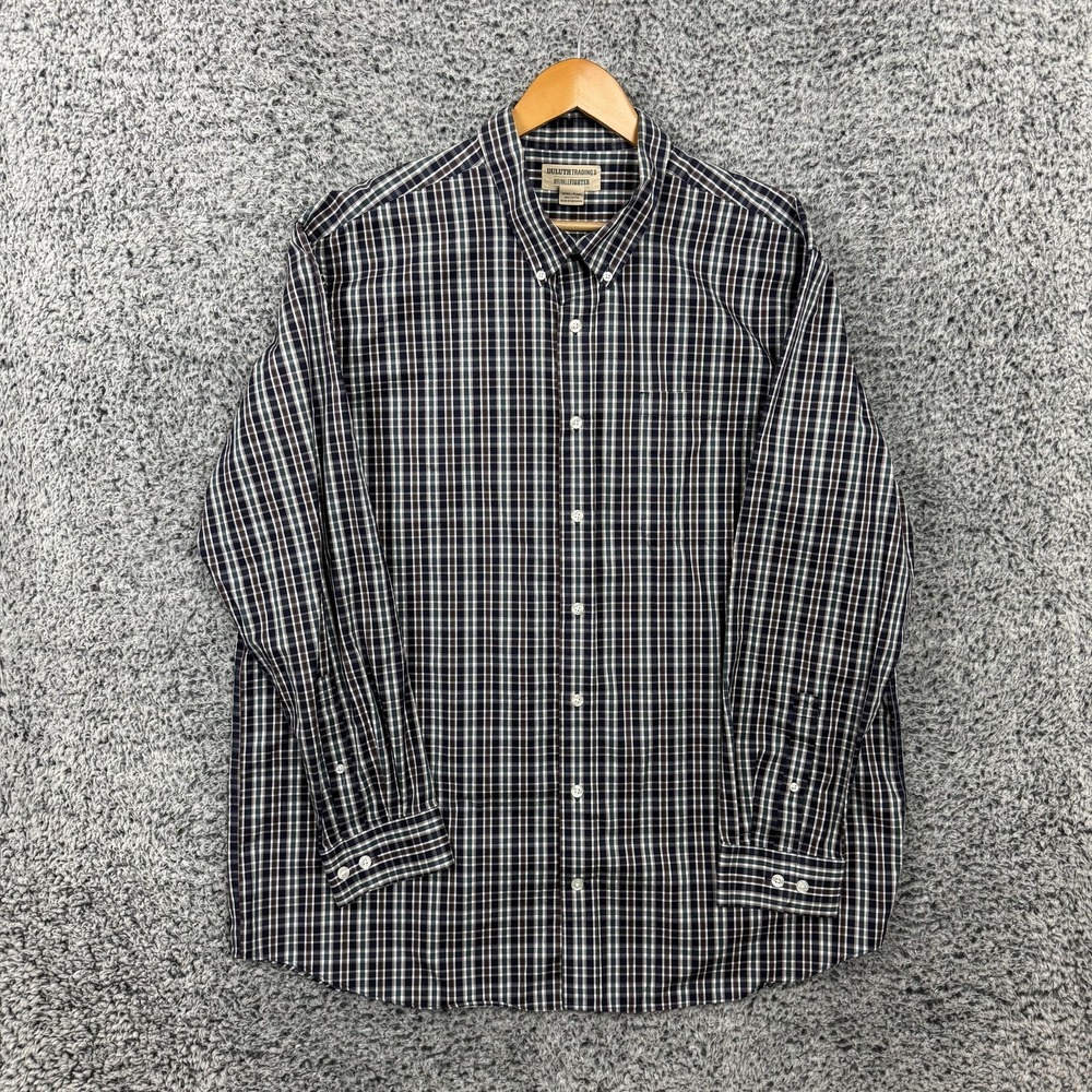 Duluth Trading Co Shirt Mens 2XLT Blue Plaid WrinkleFighter Button Up Casual